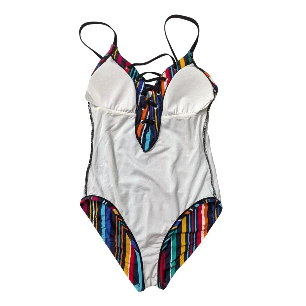 Nautica Womens Slimming Lace Up One Piece Swimsuit Multicolor‎ Stripe Small NWT